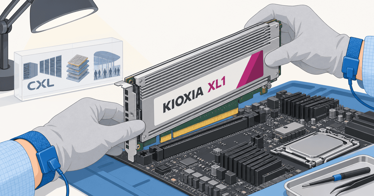 検証基板のCXLスロットに装着されるキオクシアのCXLメモリ拡張モジュール「XL1」の様子を表現した、AI生成による概念イメージイラスト。