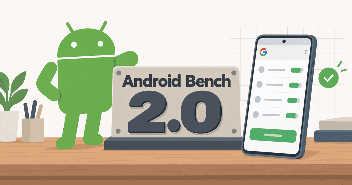 Android公式マスコットの横に「2.0」の立体標識と実画面UIを表示したスマートフォンが並び、新指標「Android Bench 2.0」を表現したAI生成のイメージイラスト。