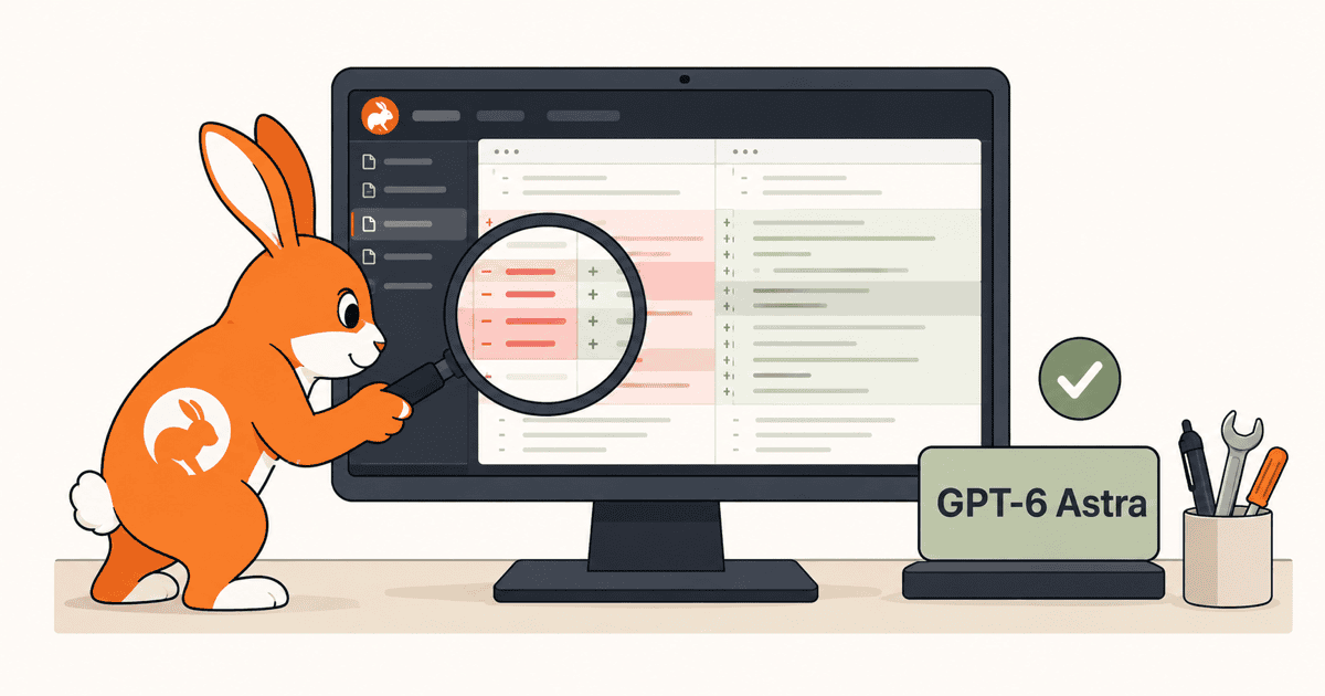 CodeRabbitのウサギがプルリクエスト画面でGPT-6 Astraによるコード検査と修正検証を行う様子を描いた、AIエージェントによるコードレビューを表現するイメージイラスト。