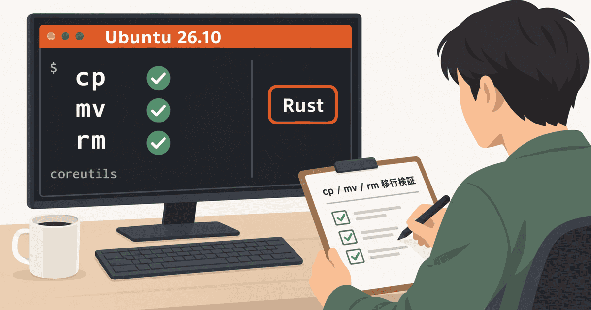 Ubuntu 26.10のターミナルで、Rust版coreutils（cp・mv・rm）の動作検証を行う様子を表現したAI生成のイメージイラスト。