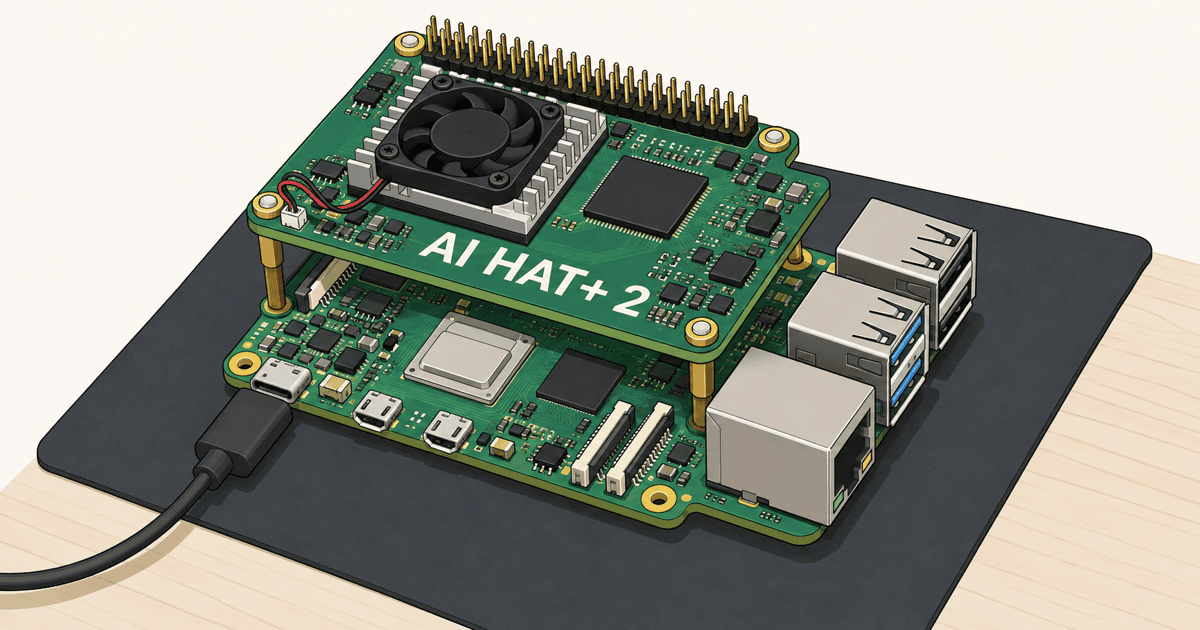 Raspberry Pi 5にAI HAT+ 2拡張ボードと冷却ファンを重ねた開発環境を描いた、AI生成のイメージイラスト。教育用からAI対応へと進化したRaspberry Piを象徴する概念図。