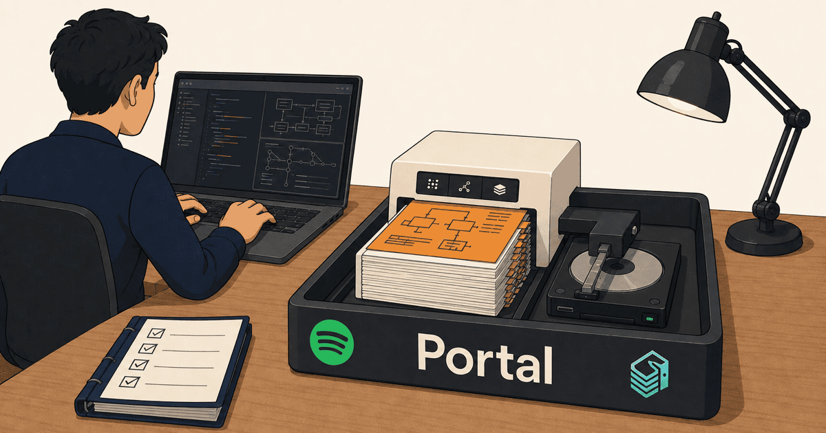 エンジニアのClaude設計に伴走し、SpotifyのPortal基盤がコード処理を肩代わりして約90%のトークン削減を実現する概念を表した、AI生成のイメージイラスト。