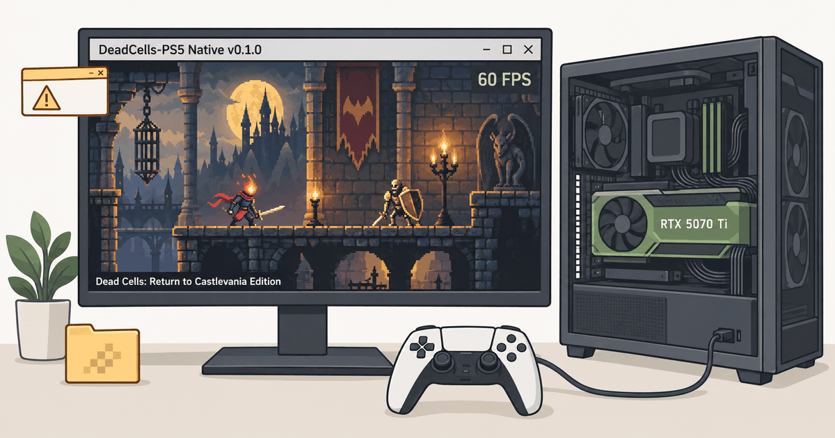 RTX 5070 Ti搭載PCでPS5版Dead Cellsが60 FPS動作する検証環境を描いた、AnyPS5を表現するAI生成のアイキャッチ用イメージイラスト。