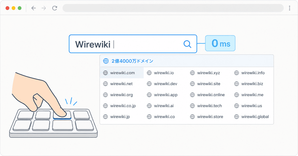 AI生成による概念イラスト：キーボード押下と同時に検索バー下に2億件超のドメイン候補が即座に展開され、P99 0ミリ秒のオートコンプリート先読み設計を視覚化したイメージ。