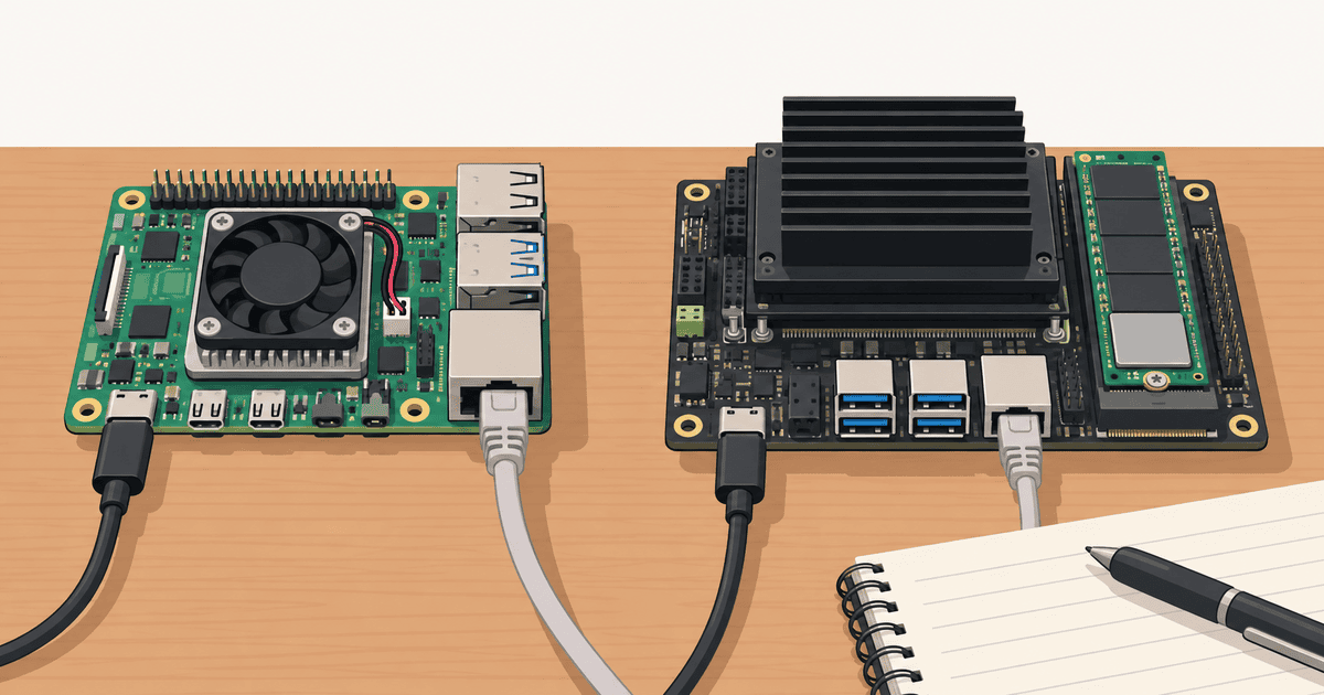 Raspberry Pi 5とJetson Orin Nano Superの基板を並べ、搭載SoCの仕様やAI処理性能、I/O帯域などの違いを比較する様子を表現した概念イラスト