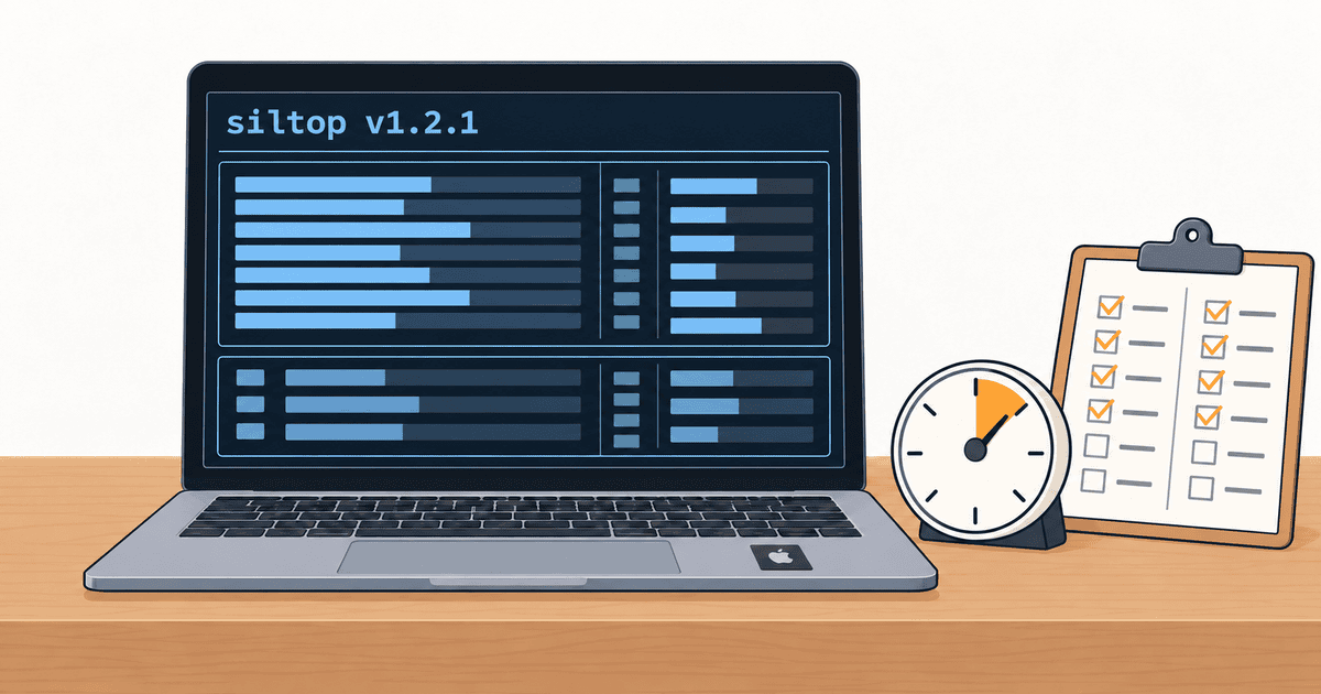 「siltop v1.2.1」と表示したノートPC、タイマー、チェックリストを描いたAI生成のイメージイラスト。