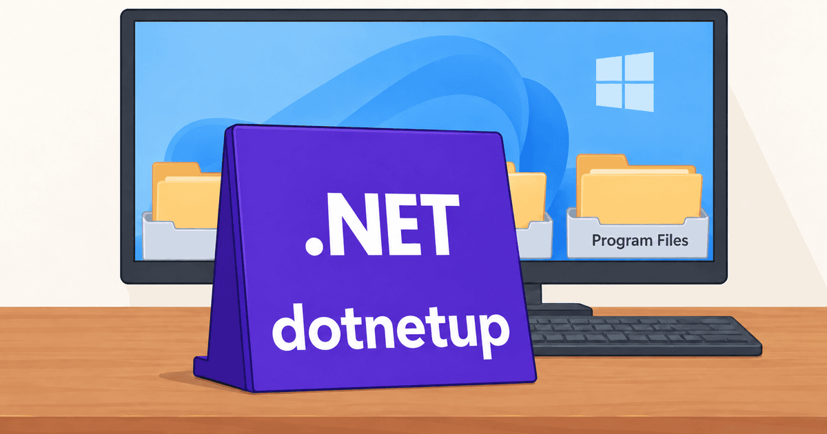Windowsの画面とProgram Filesフォルダの前に、.NETとdotnetupの紫色プレートを配置したAI生成イラスト。