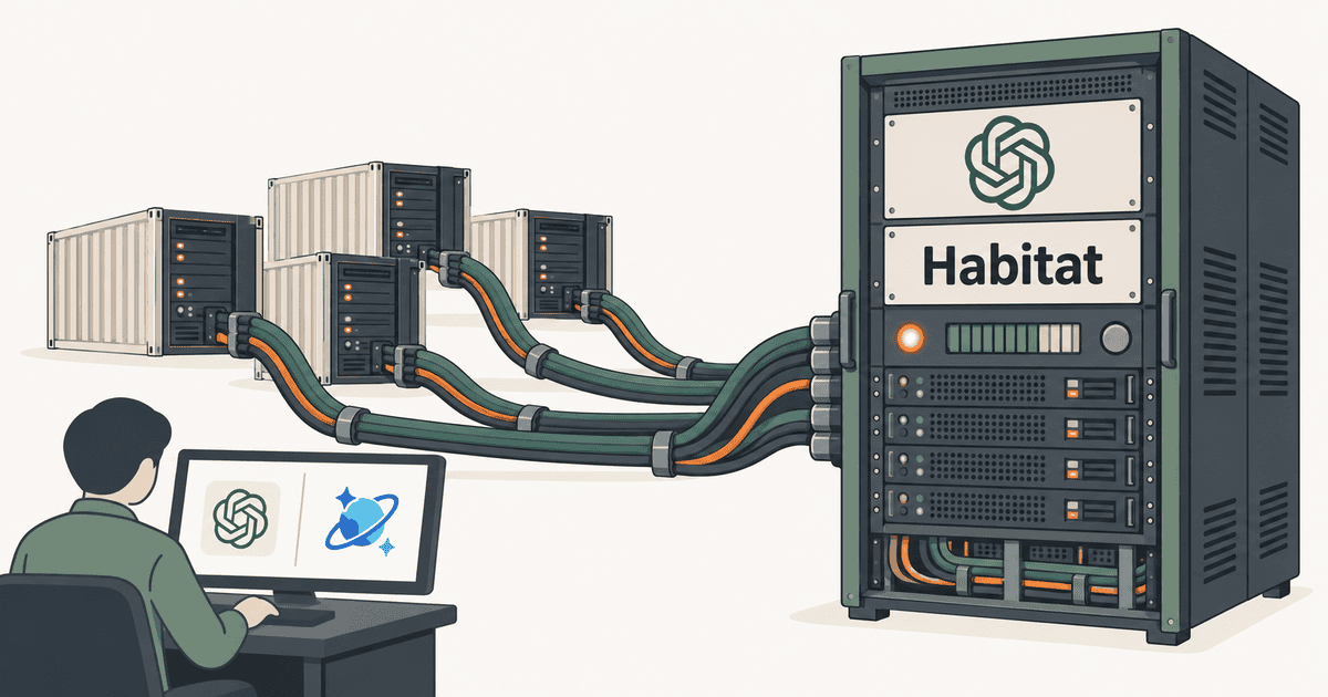 OpenAIのストレージ基盤「Habitat」の銘板が付いた共有サーバーラックと、ホットキー抑制やQoS制御のランプが灯る様子を描いた、共有マルチテナント設計を表現するAI生成のイメージイラスト