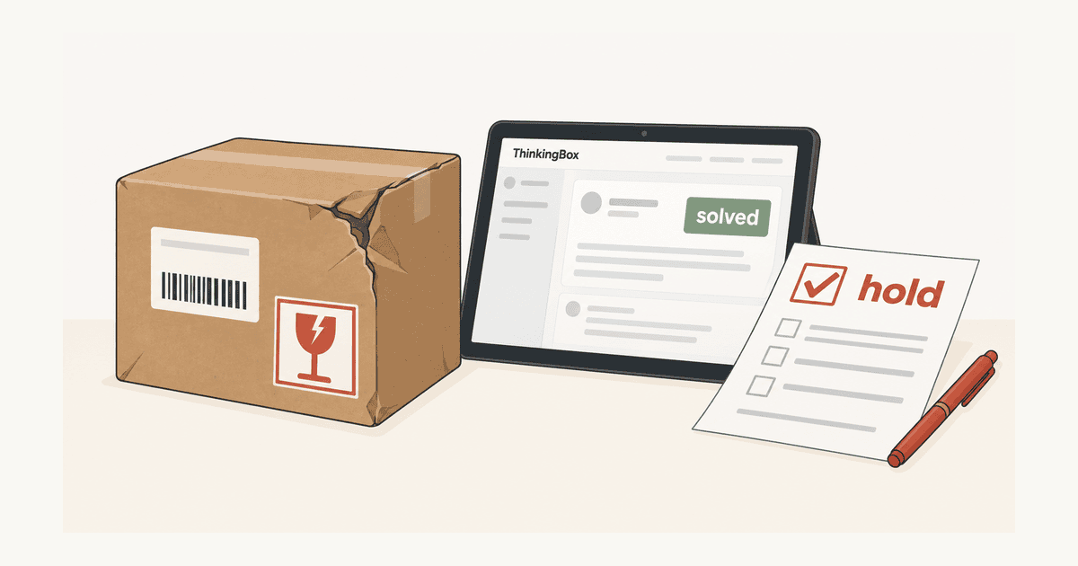 配送トラブルの荷物の横で、AIの誤った完了報告「solved」と本来の期待状態「hold」を突き合わせて検査するThinkingBoxの評価場面を描いた概念イメージ。