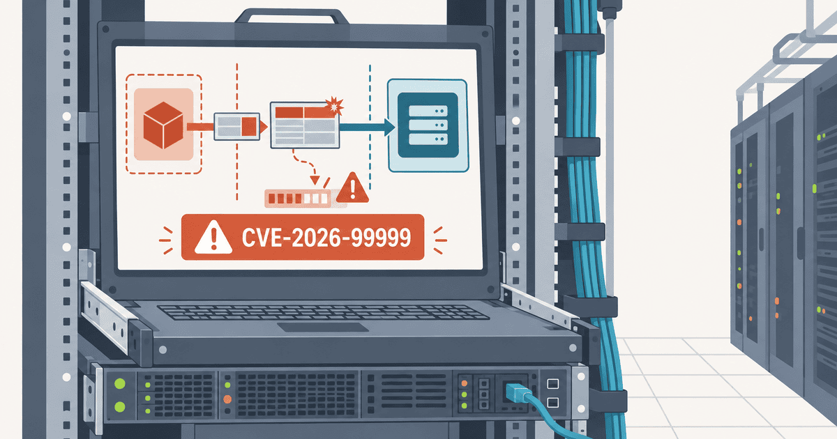 サーバーラックのコンソール画面で、Firecracker microVMからホストLinuxへ渡るIPv4パケットの異常（CVE-2026-99999）を監視している様子を表現した、PwnEscapeの概念イラスト（AI生成）