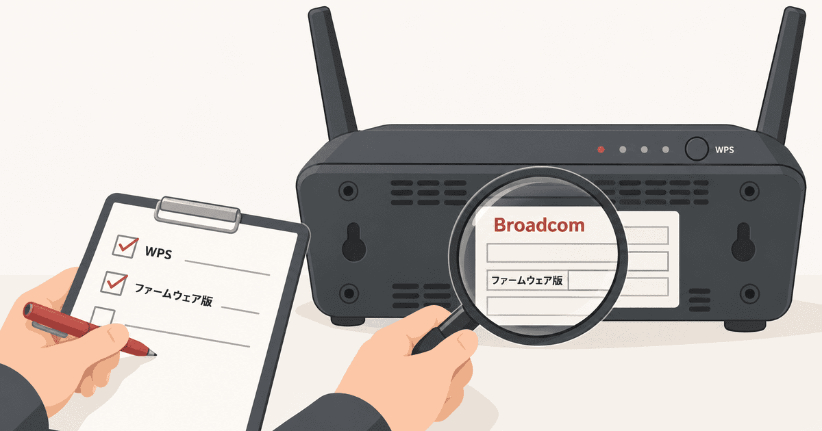 ルーターの背面銘板に記載された型番やファームウェア版を、管理者が記録シートと照合しながら確認している様子を描いた、機器点検作業の概念イメージイラスト（AI生成）