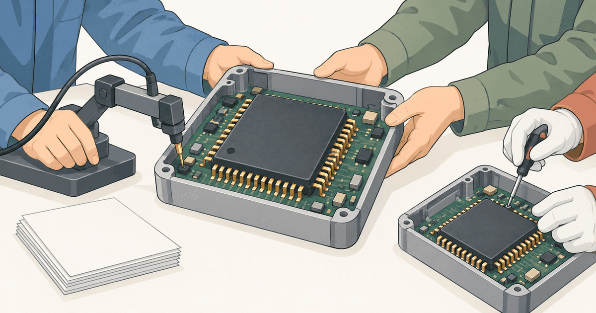 測定用プローブで確認する半導体搭載基板と、別の担当へ引き渡す基板、手元の記録用紙を描いたAI生成の概念図。