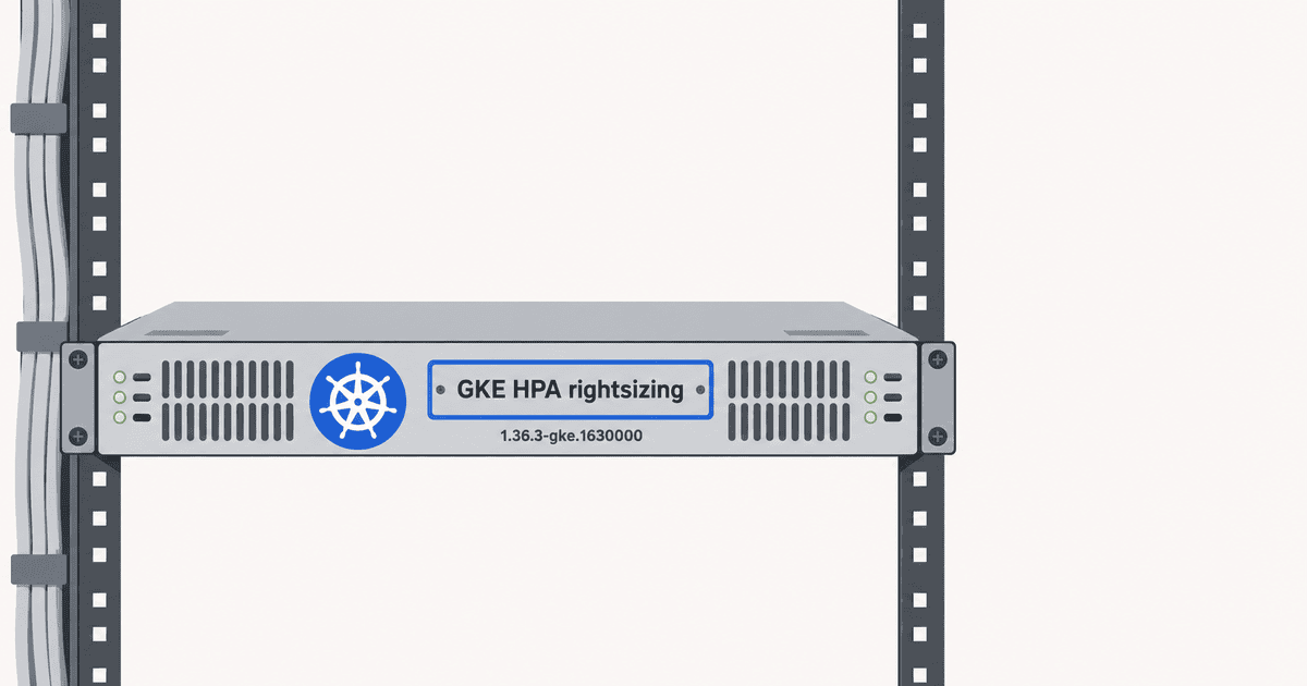 Kubernetesの操舵輪ロゴとGKE HPA rightsizingの銘板が備わったサーバーラックが整然と並ぶ、GKE HPA rightsizingによるリソース最適化を表現したAI生成のイメージイラスト