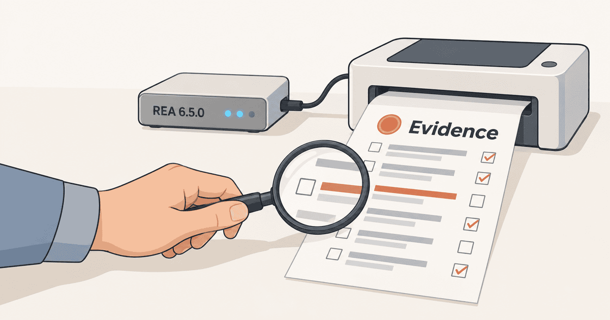 REA 6.5.0のMCP連携から出力されたEvidence解析結果シートをルーペで慎重に照合・確認する様子を描いた概念イラスト