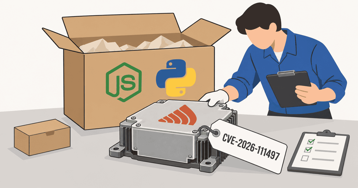 Node.jsやPythonのパッケージコンテナから同梱されたGoogle Brotliデコーダーを取り出し、CVE-2026-111497のタグを付けて点検するエンジニアを描いた、同梱デコーダーの特定と脆弱性点検を表すAI生成イメージイラスト