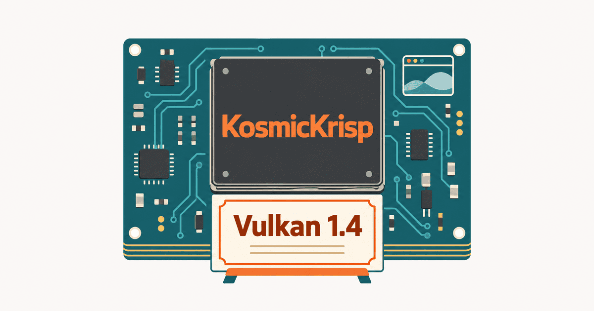 Apple Siliconチップ上のKosmicKrispがVulkan 1.4適合証書を受け取る様子を描いた概念イラスト