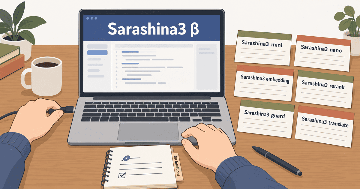 架空の画面と6枚のモデルカードでSarashinaサービスを表すAI生成の編集イラスト