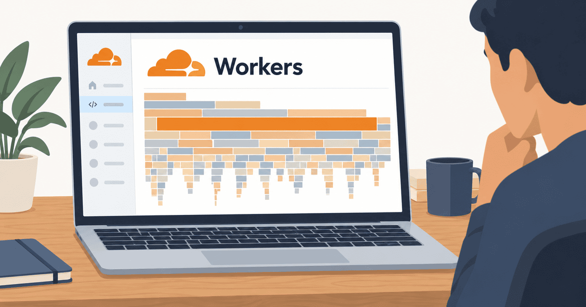開発者がノートPC上でCloudflare WorkersのCPUフレームグラフを分析し、ボトルネック関数を特定している様子を描いたイメージイラスト