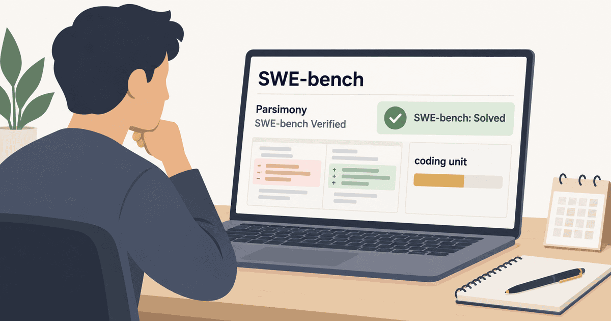架空の画面でSWE-benchの解決判定とParsimonyの構文変更量を見比べる開発者を描いた概念図。