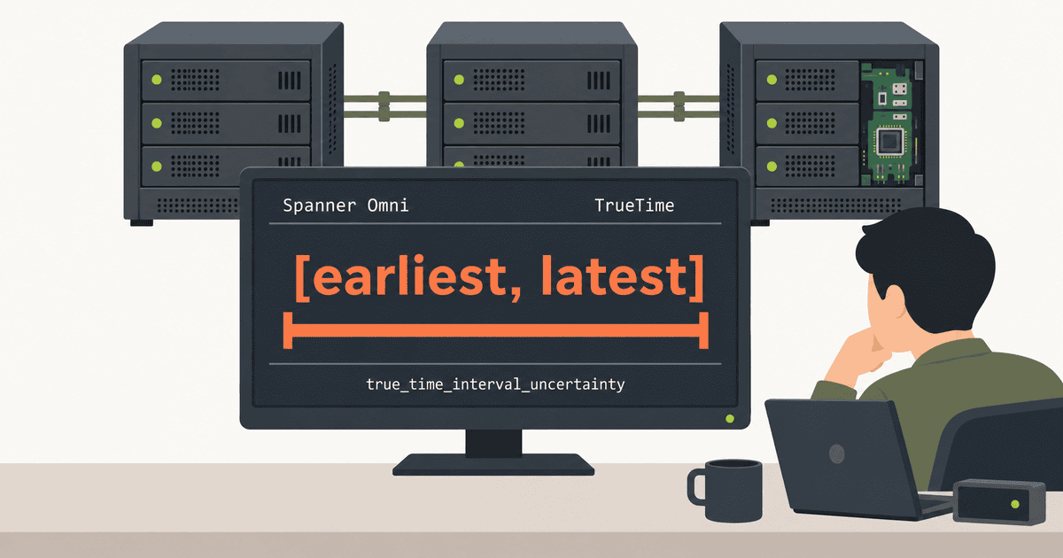 3台のサーバ前で担当者がTrueTimeの時刻区間と不確実性指標を点検する、Spanner Omniの運用を表現したAI生成のイメージイラスト。