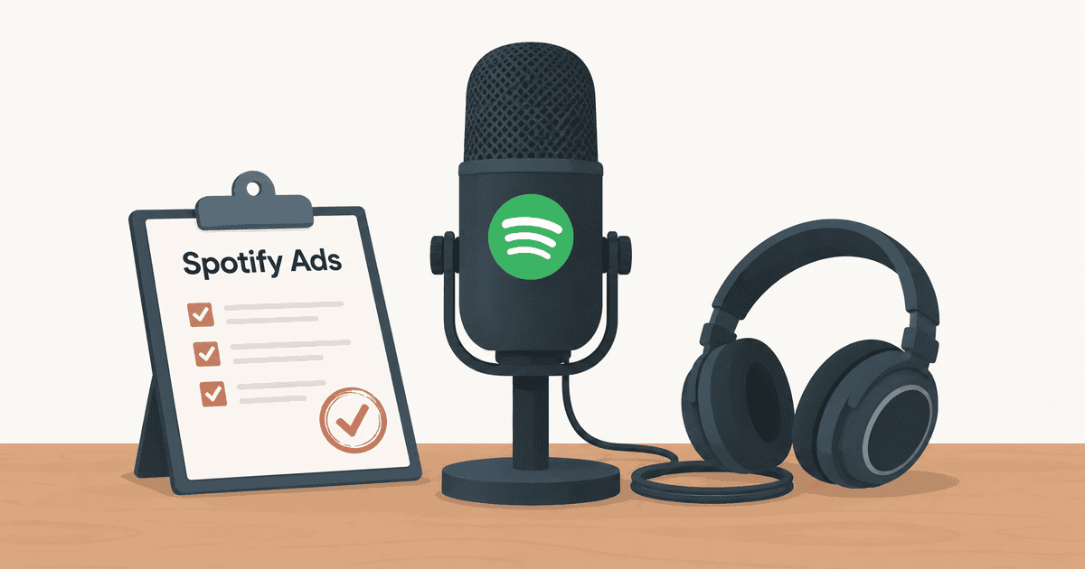 Spotifyロゴをあしらったマイク、チェック印付きの原稿用紙、ヘッドホンを描いたAI生成の概念イラスト。