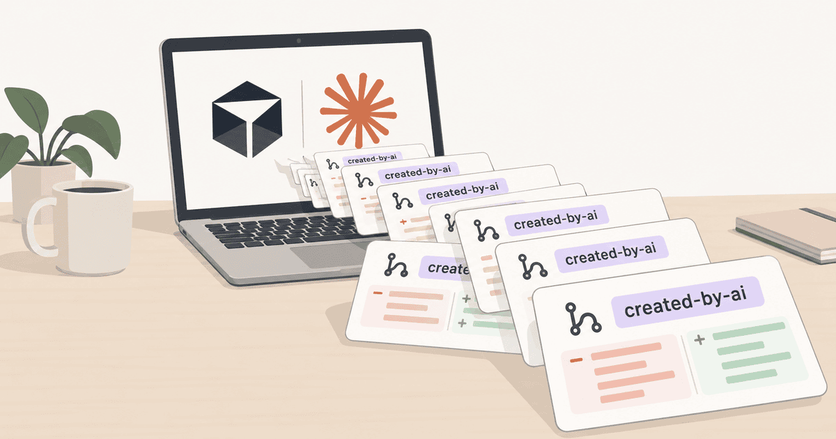 CursorとClaude CodeのロゴがあるノートPCの前に、created-by-aiラベル付きのPRを表すカードが並ぶ概念イラスト