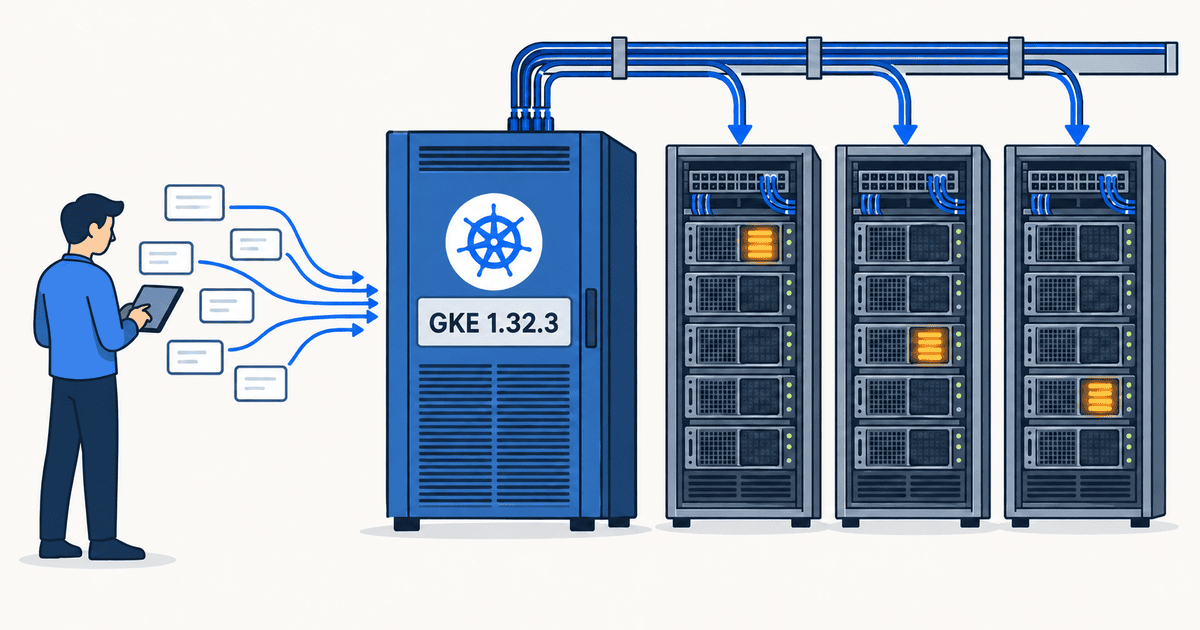 GKE 1.32.3のゲートウェイがTPU v6eサーバーラック群のキャッシュ状態に応じて推論要求を振り分けるデータセンターの様子を描いた、AI生成による概念イラスト
