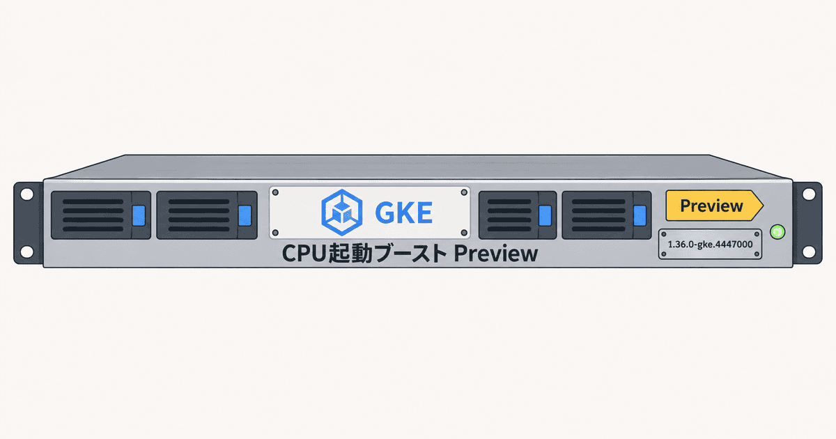 GKEロゴやCPU起動ブーストのPreviewタグ、バージョン1.36.0-gke.4447000のプレートが付いたサーバーユニットを描いた、GKEのCPU起動ブースト導入を表現するイメージイラスト