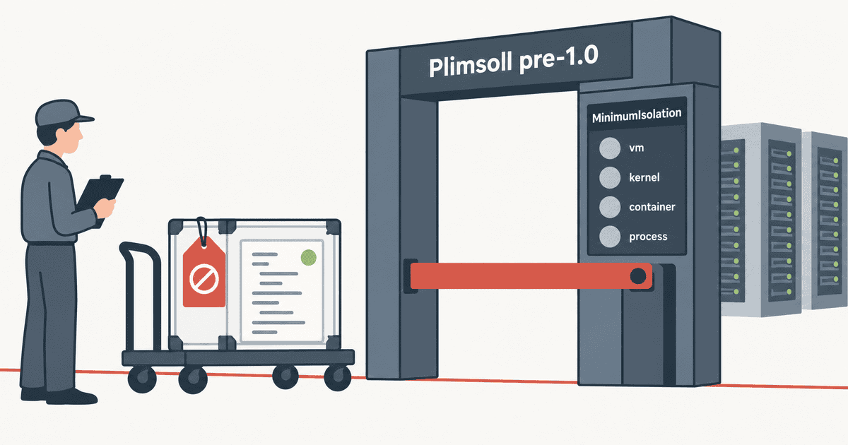 AIコードの隔離条件が最低要件を満たさず、Plimsollの検査ゲートで実行前に差し戻される様子を表現した概念イラスト。