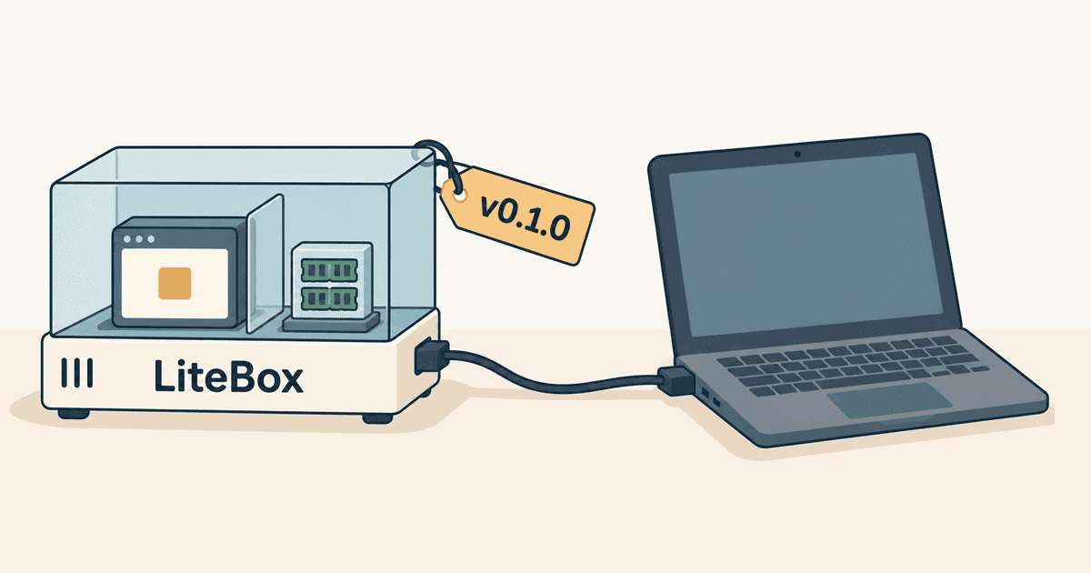 AI生成の概念イラスト。LiteBoxと書かれた透明ケースにプログラムとメモリを描き、ノートPCとケーブルでつないだ様子。v0.1.0の札が付いています。
