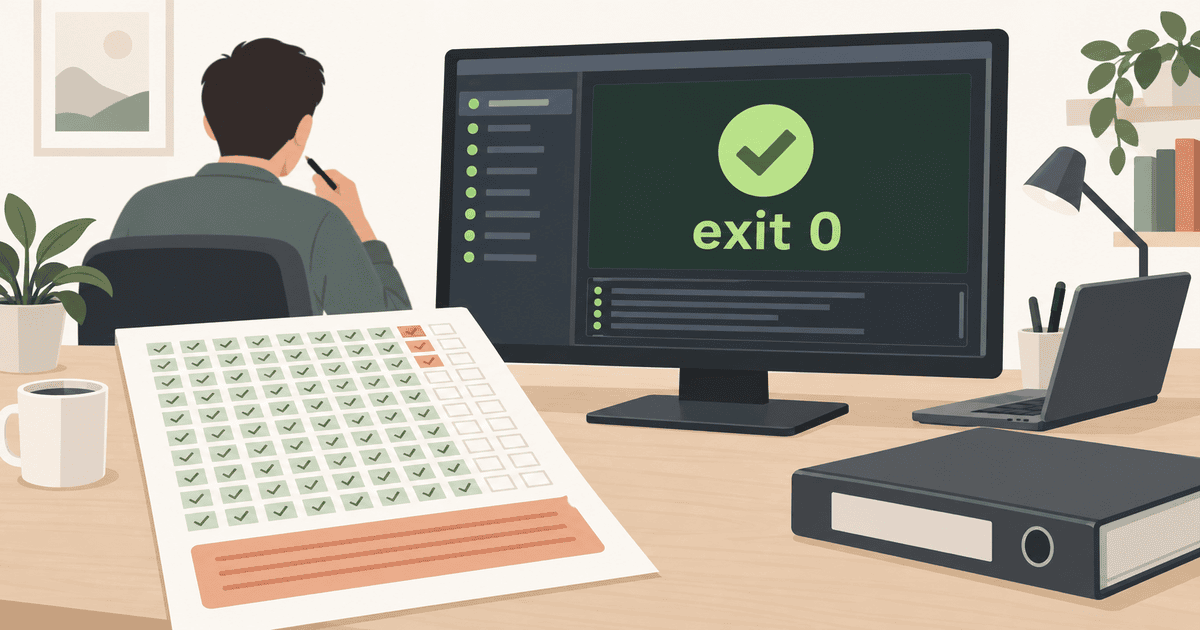 画面にexit 0が示された監査モニターと65件の検証シートを前に、開発者が結果を確認する様子を描いた概念イラスト。仕様主導アプローチにおける監査合格と実務検証の境界を表現したイメージ。