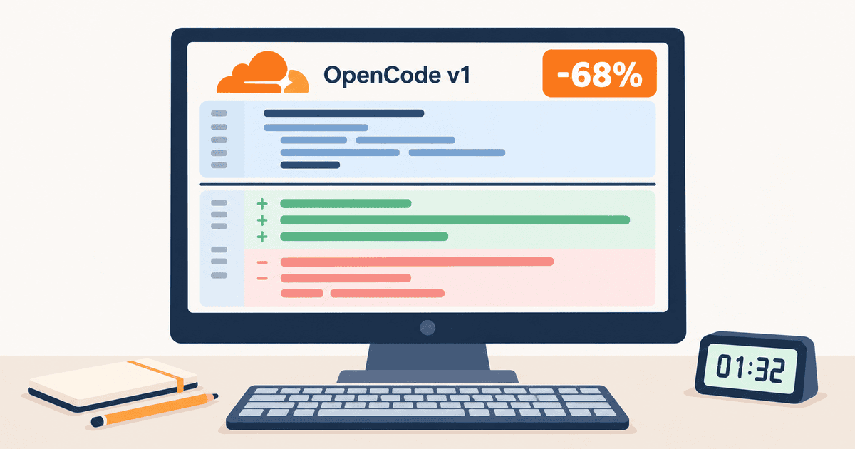 Cloudflareのロゴ、プロンプト境界分離を示すレビュー画面、推論費68%削減のバッジを描いた、AIコードレビューの推論コスト削減を表現するAI生成のフラットイラスト概念図