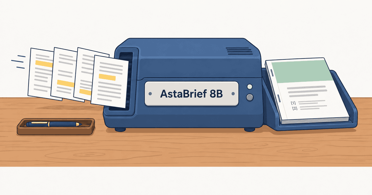 AI生成による概念イメージ。小型言語モデル「AstaBrief 8B」を模した卓上機器が、複数の文献抜粋カードを取り込み、引用付きのレポート冊子を一括で出力する様子を描いたイラスト。