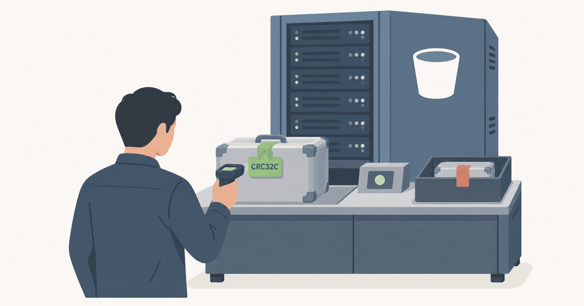 Cloud Storageのサーバー前でエンジニアがCRC32Cタグ付きデータケースの整合性を確認する様子を描いた、チェックサム検証を表現するAI生成のイメージイラスト