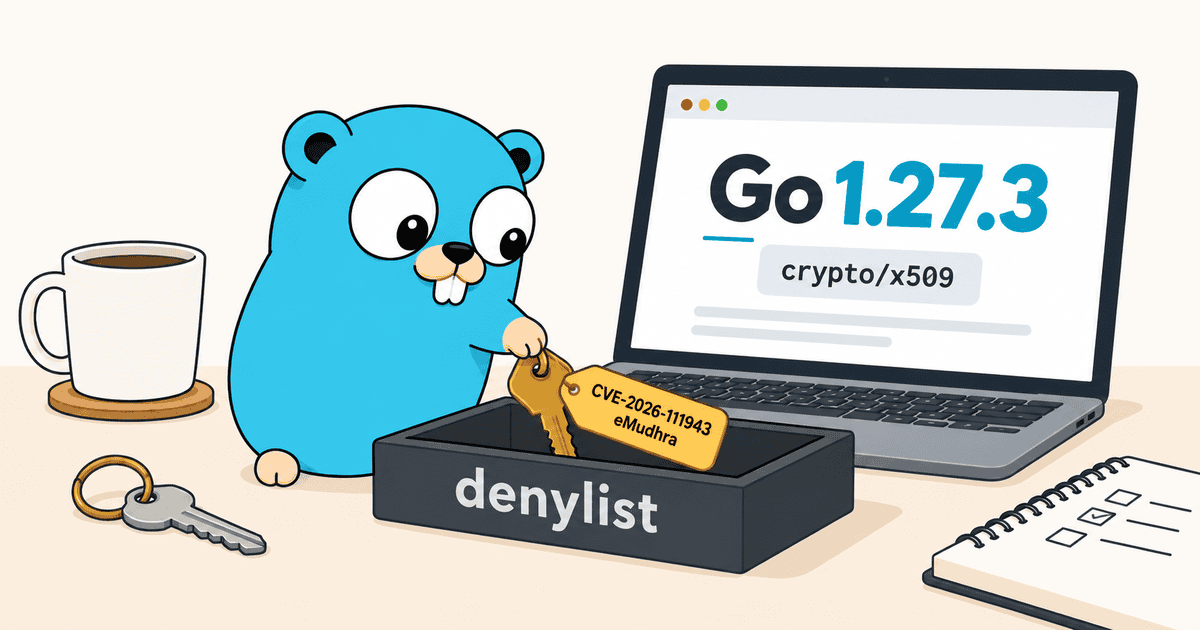 Go 1.27.3の更新画面が表示されたPCの傍らで、マスコットのGopherがCVE-2026-111943の中間CA鍵をdenylistトレイへ除外している、Goランタイムにおける不信化措置を表現したAI生成の概念イラスト