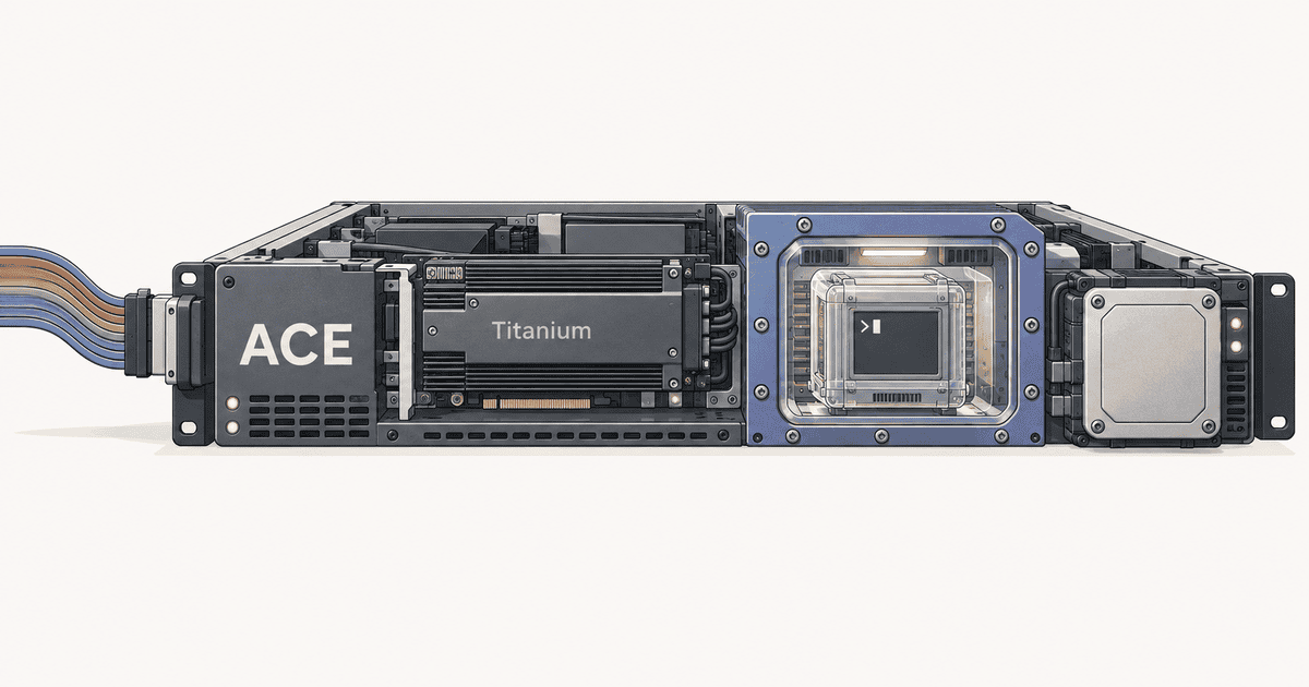 Google CloudのAgent Compute Engine（ACE）におけるTitanium IPUとCloud Hypervisor microVMによるハードウェア隔離環境を描いた、AI生成の概念イメージイラスト