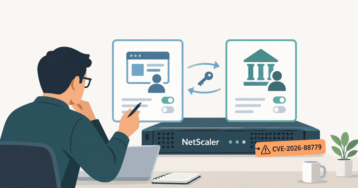 NetScaler ADCの既存SAML SP・IdP設定を運用担当者が確認する様子を描いた概念イラスト
