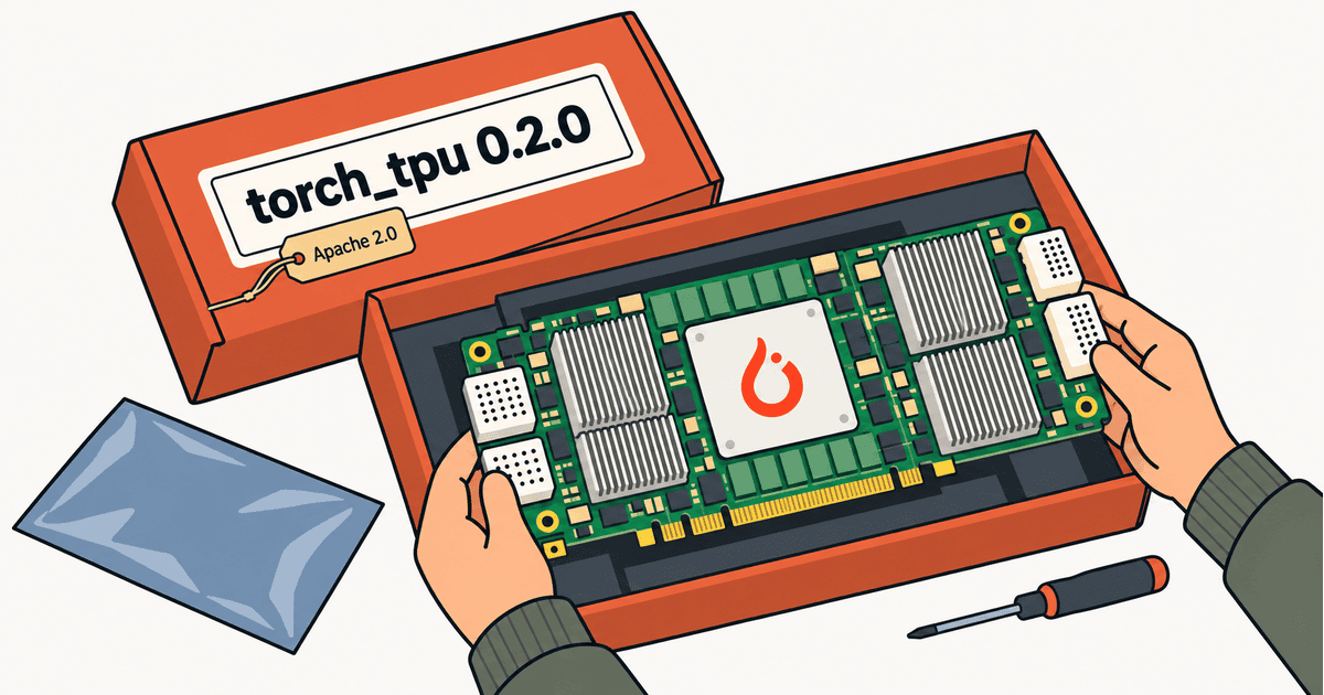 「torch_tpu 0.2.0」のパッケージ箱からPyTorchの炎ロゴが刻まれたGoogle TPUアクセラレータ基板を取り出す場面を描いた、アイキャッチ用のAI生成概念イラスト