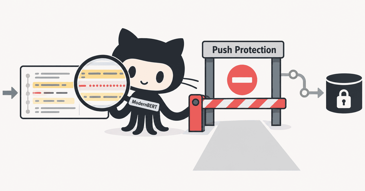 AI生成によるイメージイラスト。GitHubのOctocatがゲートでコードのpushを遮断し、文脈からパスワード等のシークレットを検知して保護している様子を描いた概念図。