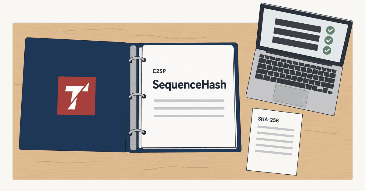 Trail of BitsによるSequenceHashのC2SP仕様書バインダーと検証用PCが置かれたデスクを描き、複数入力の境界保護ハッシュを表現したAI生成のフラットイラストイメージ。