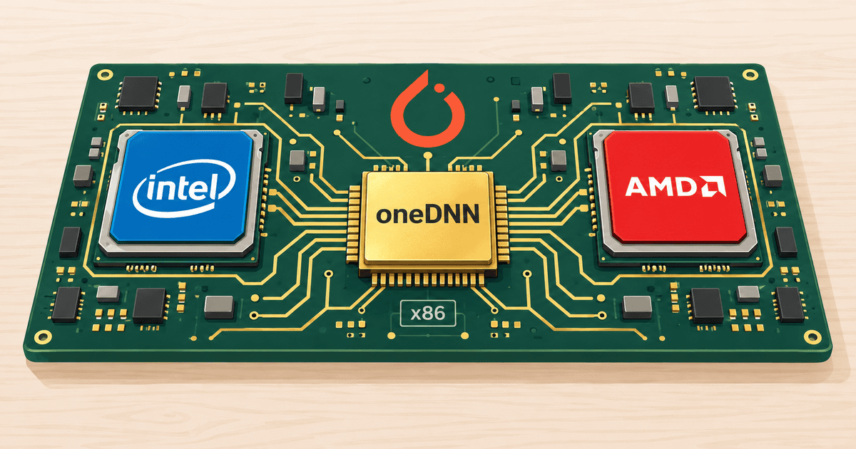 IntelとAMDのCPUがoneDNNの共通基盤モジュールを介してPyTorchへと集約接続される関係を示した、AI生成による概念イラスト
