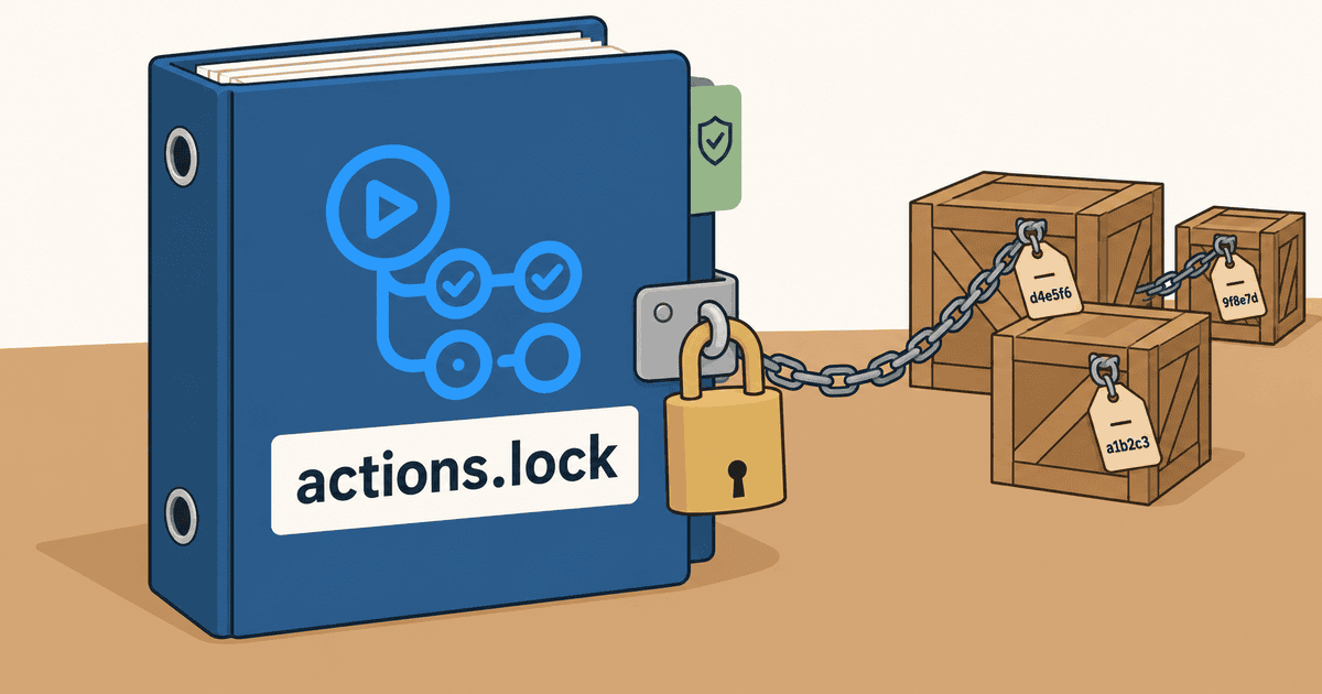 actions.lockのバインダーと、固定した依存の記録を示す箱を鎖で結んだ概念イラスト