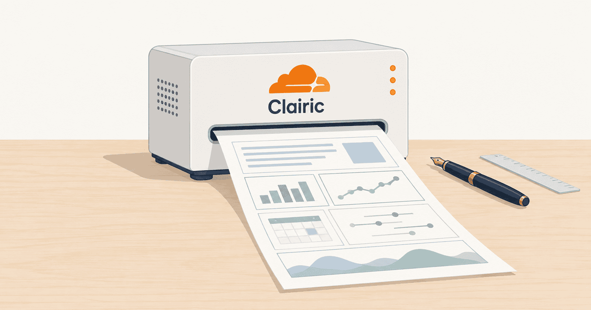 Cloudflareのロゴが付いた端末から型枠に沿って整頓されたデータシートが排出される様子を描き、型付き抽出モデルClairicによる形式保証を表現したAI生成の概念イラスト