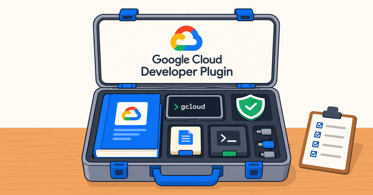 Google Cloudのロゴ入りツールキットに公式文書やCLI端末など5機能が収められ、AIエージェント向け安全操作と公式文書検索の統合を表現した、AI生成による概念イメージイラスト。