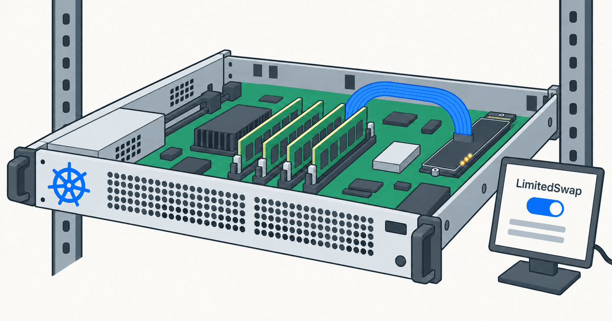 Kubernetesサーバー内でRAMからNVMe SSDへのスワップ退避とLimitedSwap構成を描いた概念イメージ。Kubernetes Node Swapの動作や適用条件を表現したイラスト。
